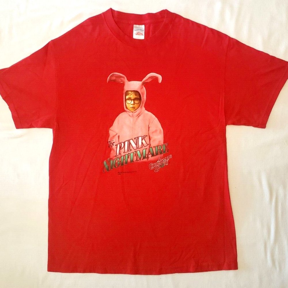 Men's A CHRISTMAS STORY Ralphie in Bunny Suit - Red Christmas T-shirt. Sz. Large